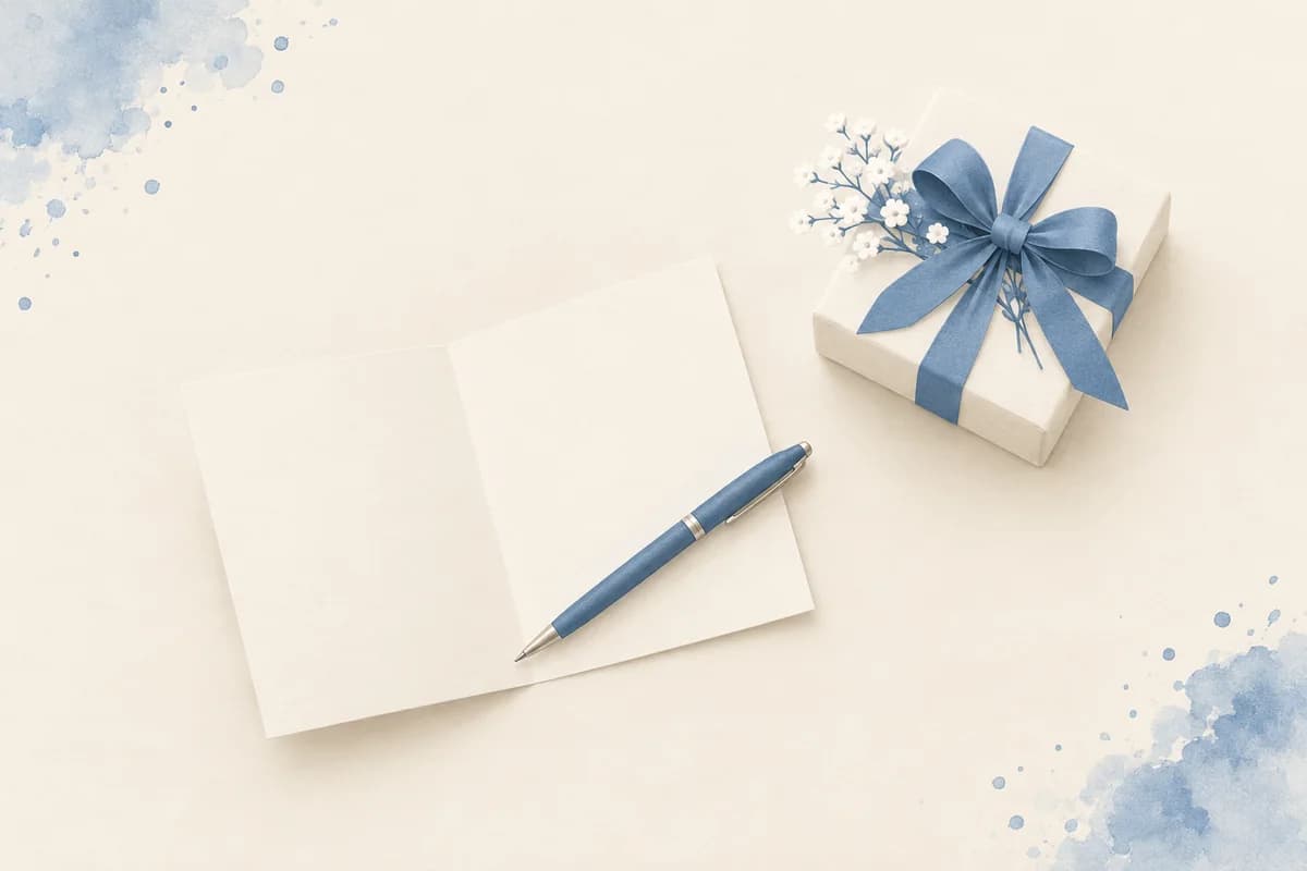 An open blank card with a pen resting on it, beside a small white gift box tied with a dusty-blue bow and a sprig of white flowers.