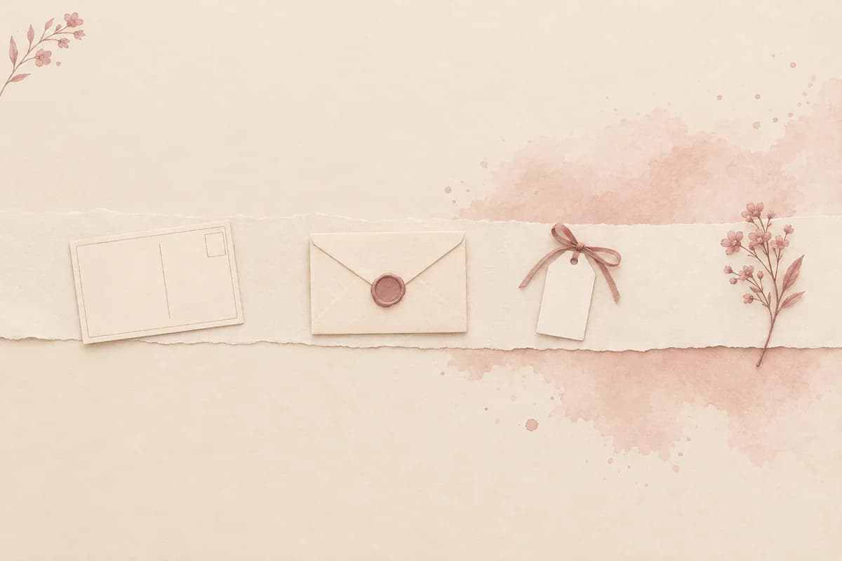 A blank paper strip laid out like a timeline, with a postcard, a sealed envelope and a ribbon-tied tag along it, ending at a small sprig of pink flowers.