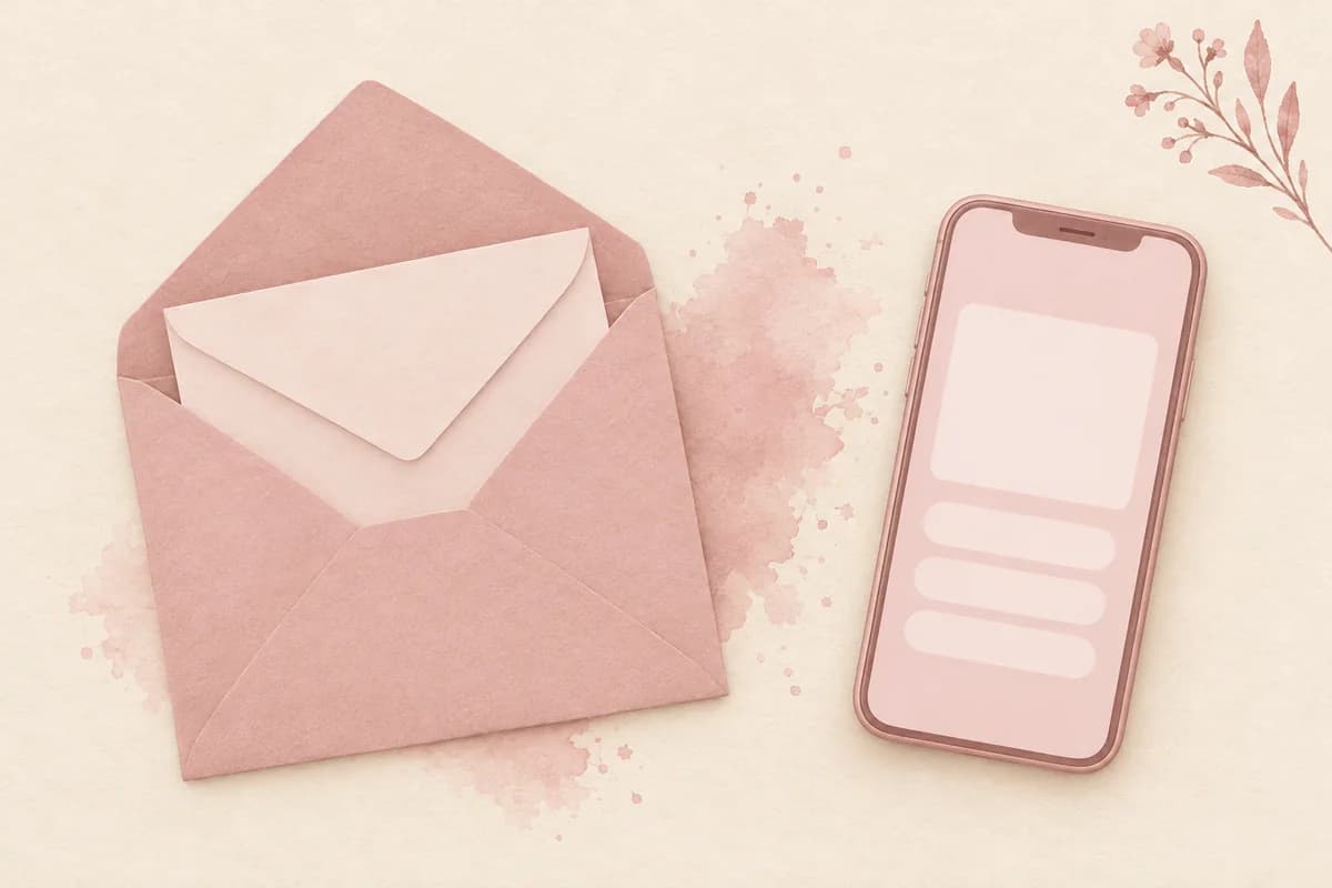 An open outer envelope with a blank inner envelope tucked inside, next to a phone showing one empty card with three blank rows under it, on a pink wash.
