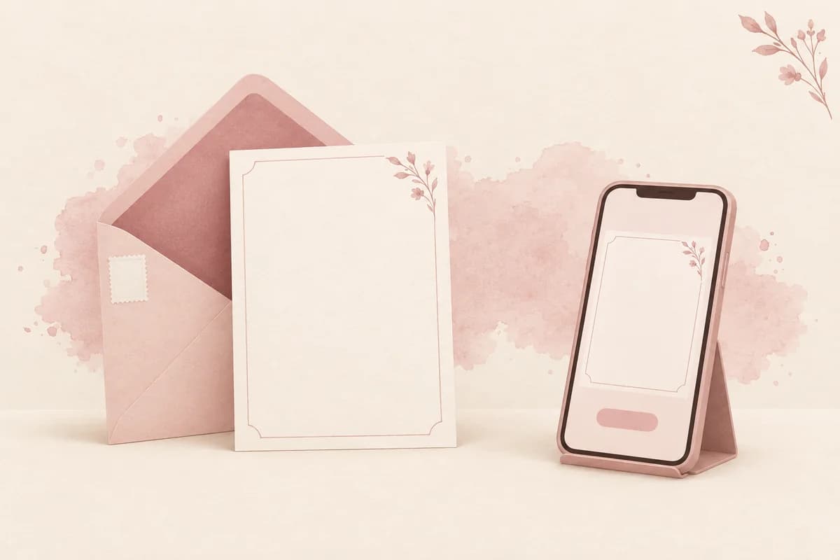 A blank printed wedding invitation with its envelope next to a phone showing the same blank invitation and an empty reply button.