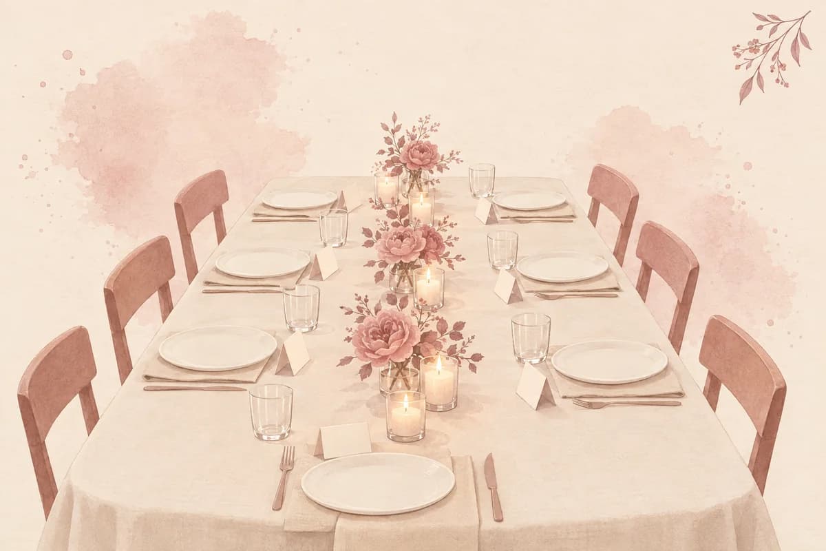 A long dinner table set for an evening meal, with candles and low pink flowers down the middle and a small blank place card by the plates.