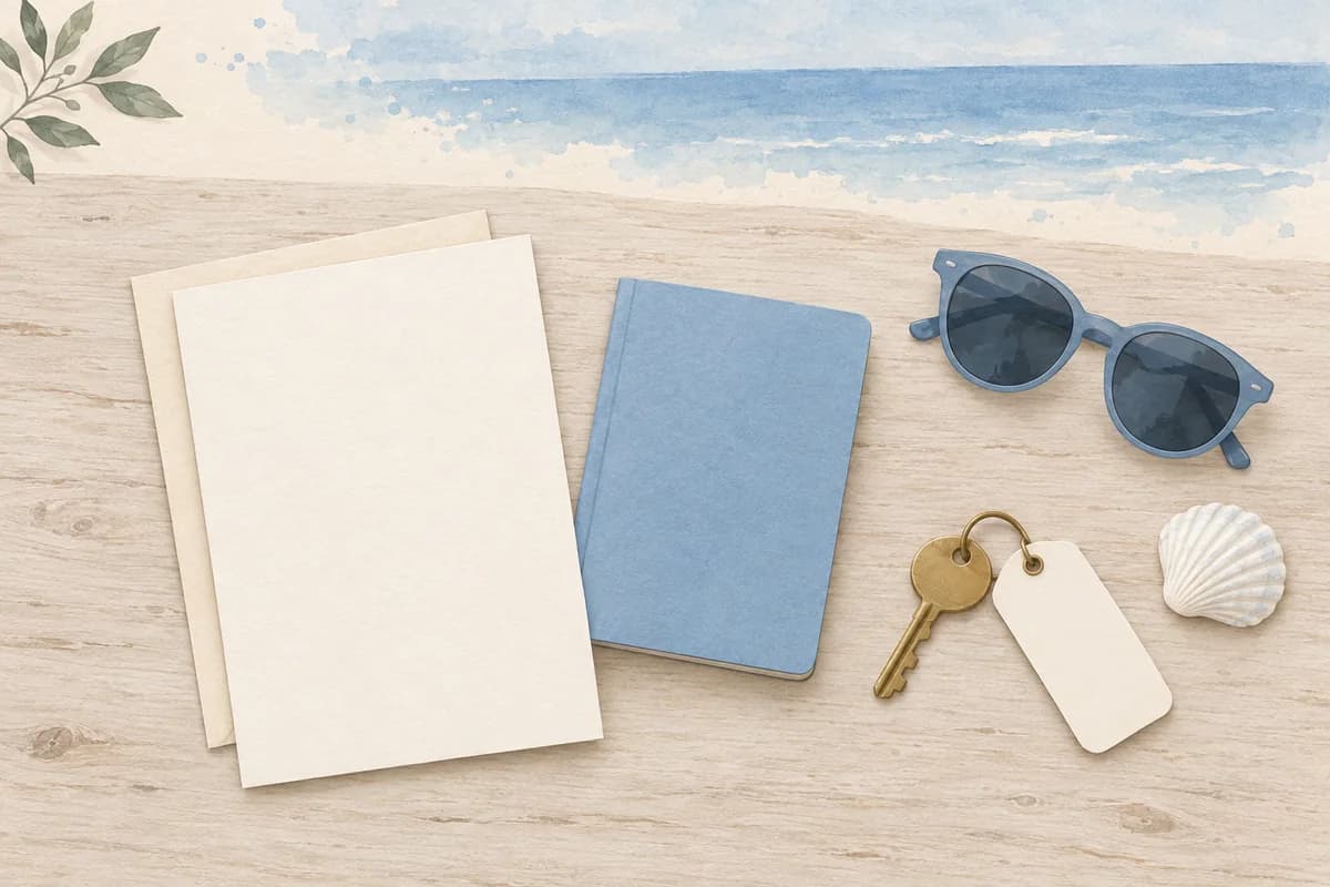 A blank wedding invitation on a driftwood table with a travel booklet, a hotel key, sunglasses and a seashell, under a blue wash like the sea.