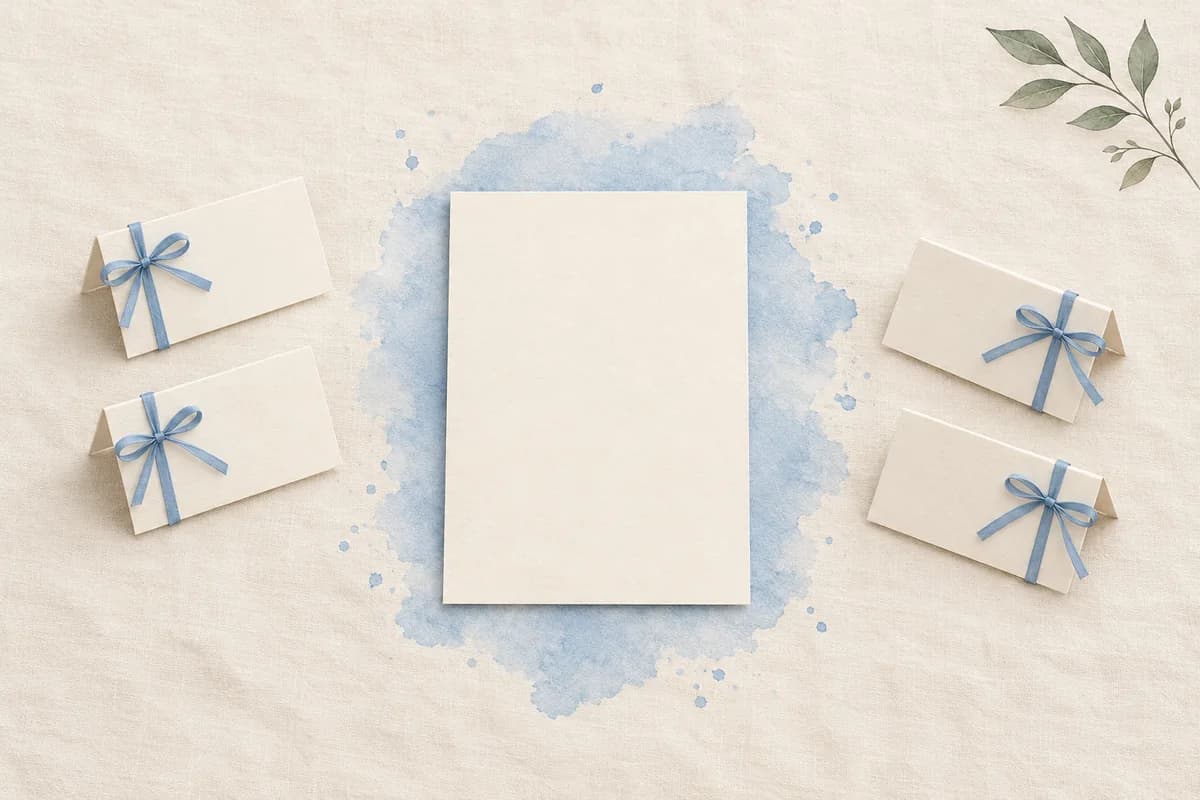 A blank wedding invitation on a blue watercolor wash in the center of a table, with two blank place cards, each tied with a blue ribbon bow, on either side of it.