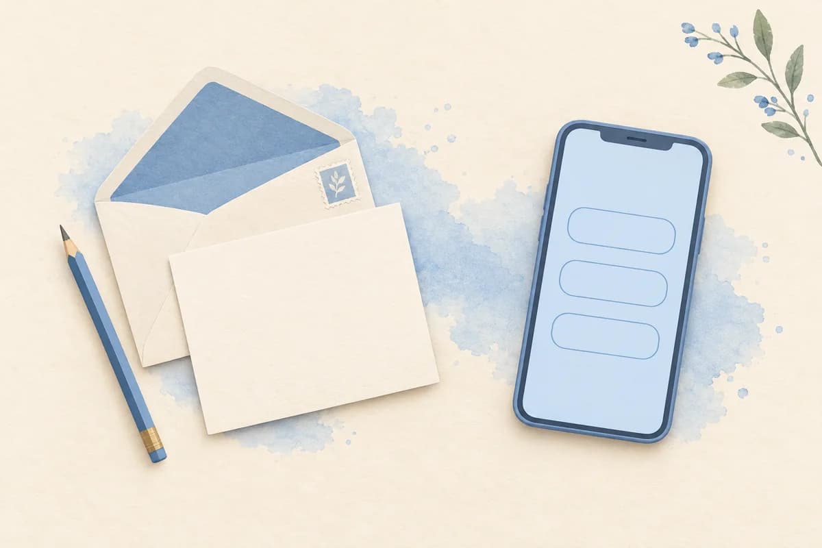 A blank paper reply card and stamped envelope on the left, and a smartphone with three empty reply buttons on the right.