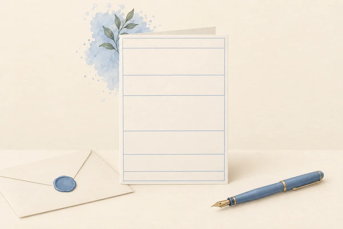A blank wedding invitation card divided into seven empty bands, standing beside a sealed envelope and a fountain pen on a cream table.