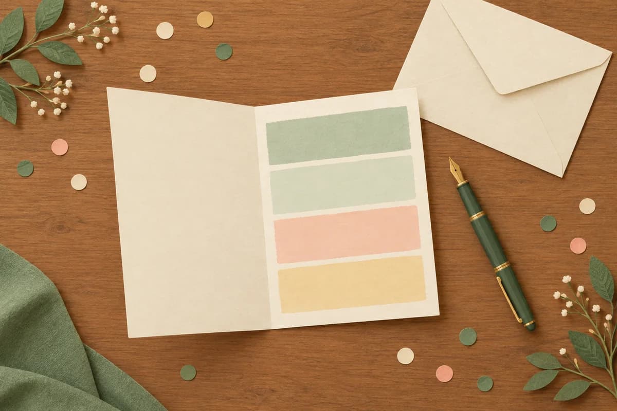 An open greeting card on a wooden table with four blank pastel bands on its right panel, beside a fountain pen and an empty envelope