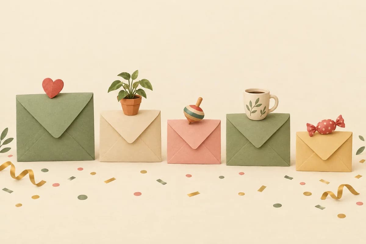 Five envelopes in a row topped with a heart, a potted plant, a toy top, a mug and a wrapped candy