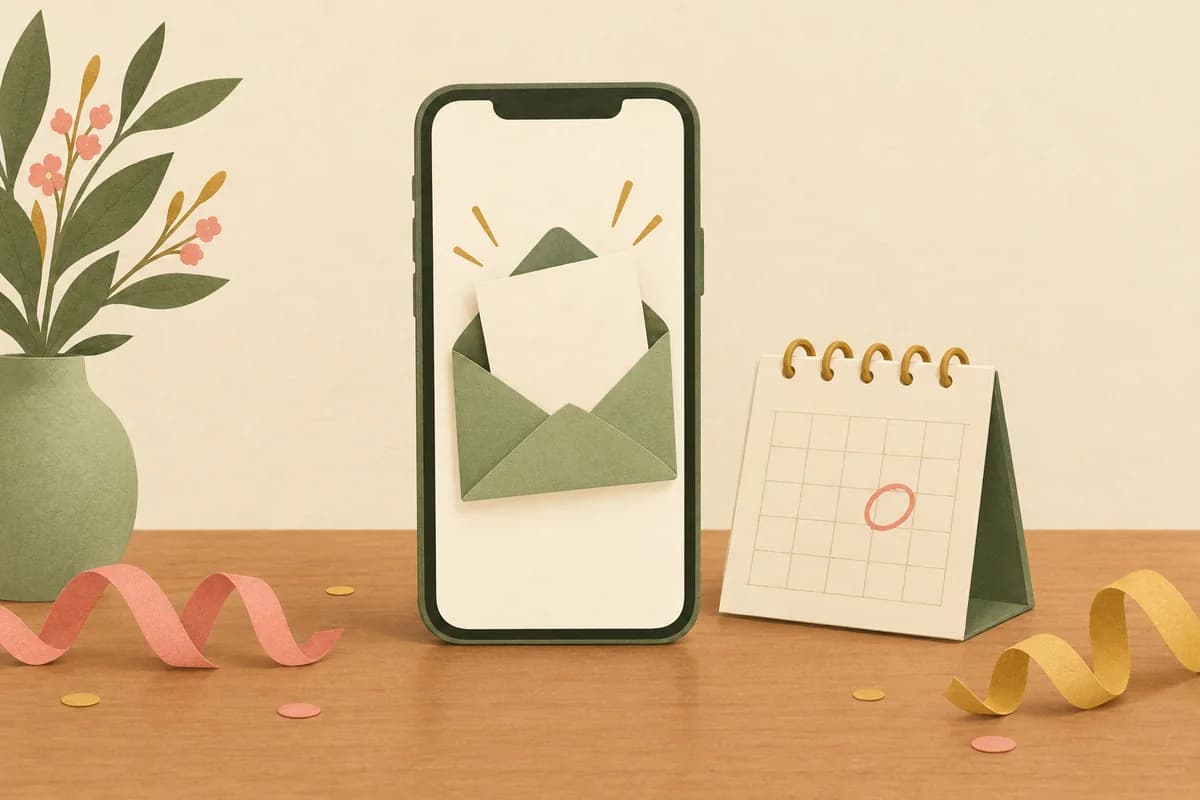 A phone showing an open green envelope with a card rising out, next to a small desk calendar with one day circled and curled paper streamers