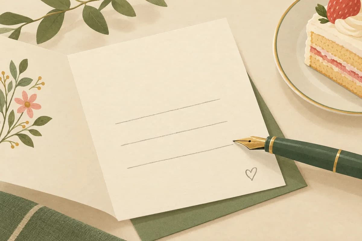 An open card with three blank lines, a small heart doodle in the corner and a fountain pen about to sign, beside a slice of strawberry cake