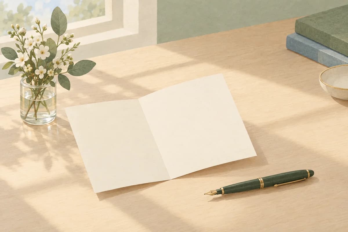 An open blank card on a wooden desk beside a fountain pen and a small glass of white flowers, in soft window light.