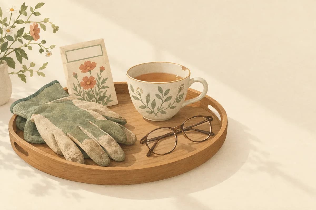 A wooden tray holding reading glasses, worn gardening gloves, a teacup with a chipped rim and a seed packet with a blank label, in soft afternoon light.