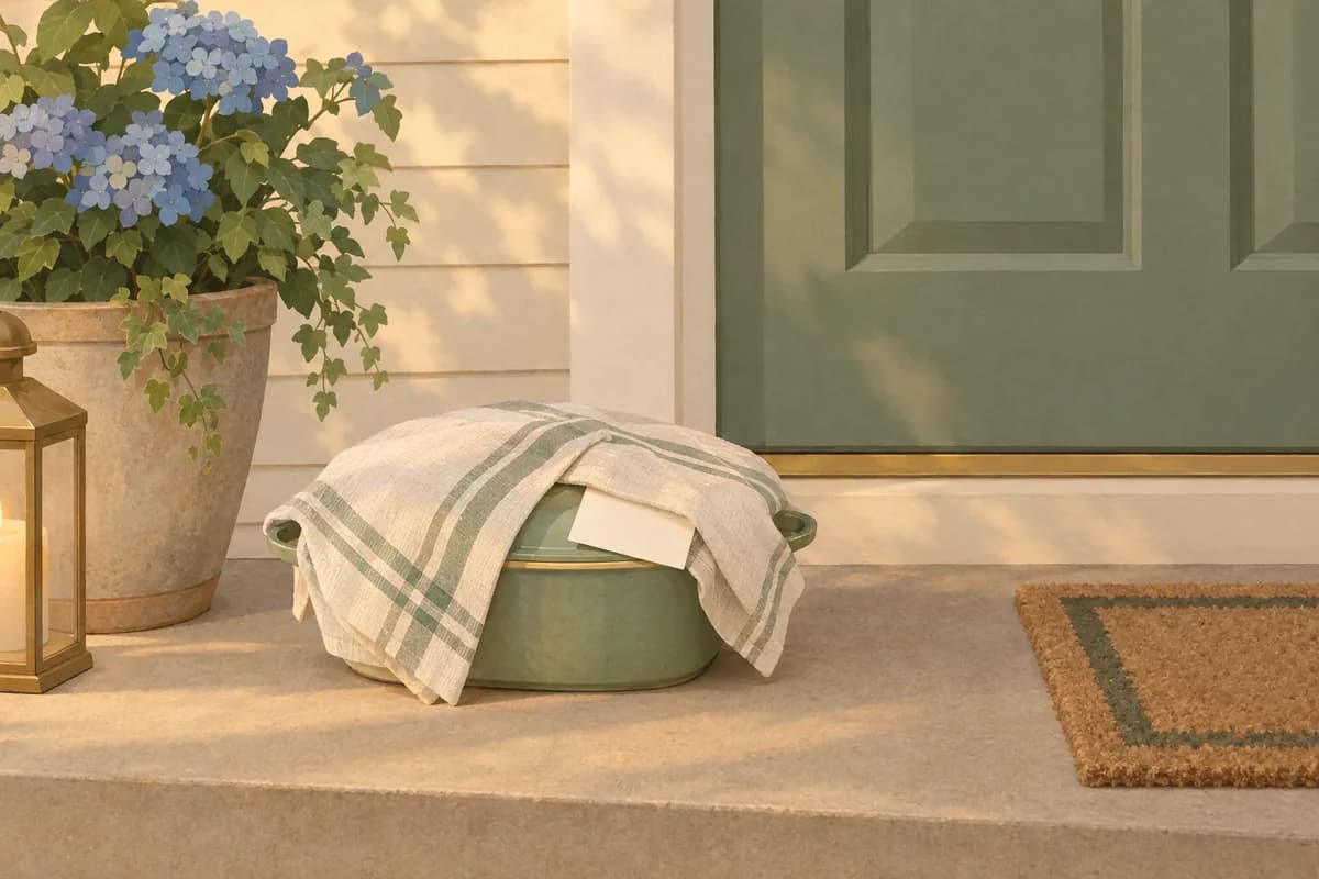 A covered dish wrapped in a tea towel on a porch step by a green front door, with a small blank note tucked under the towel and a pot of blue hydrangeas nearby.