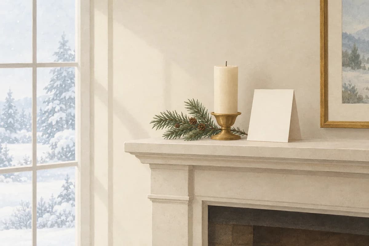 A winter mantel with one unlit candle, a sprig of pine and a single folded card, beside a window looking out on snowy trees.