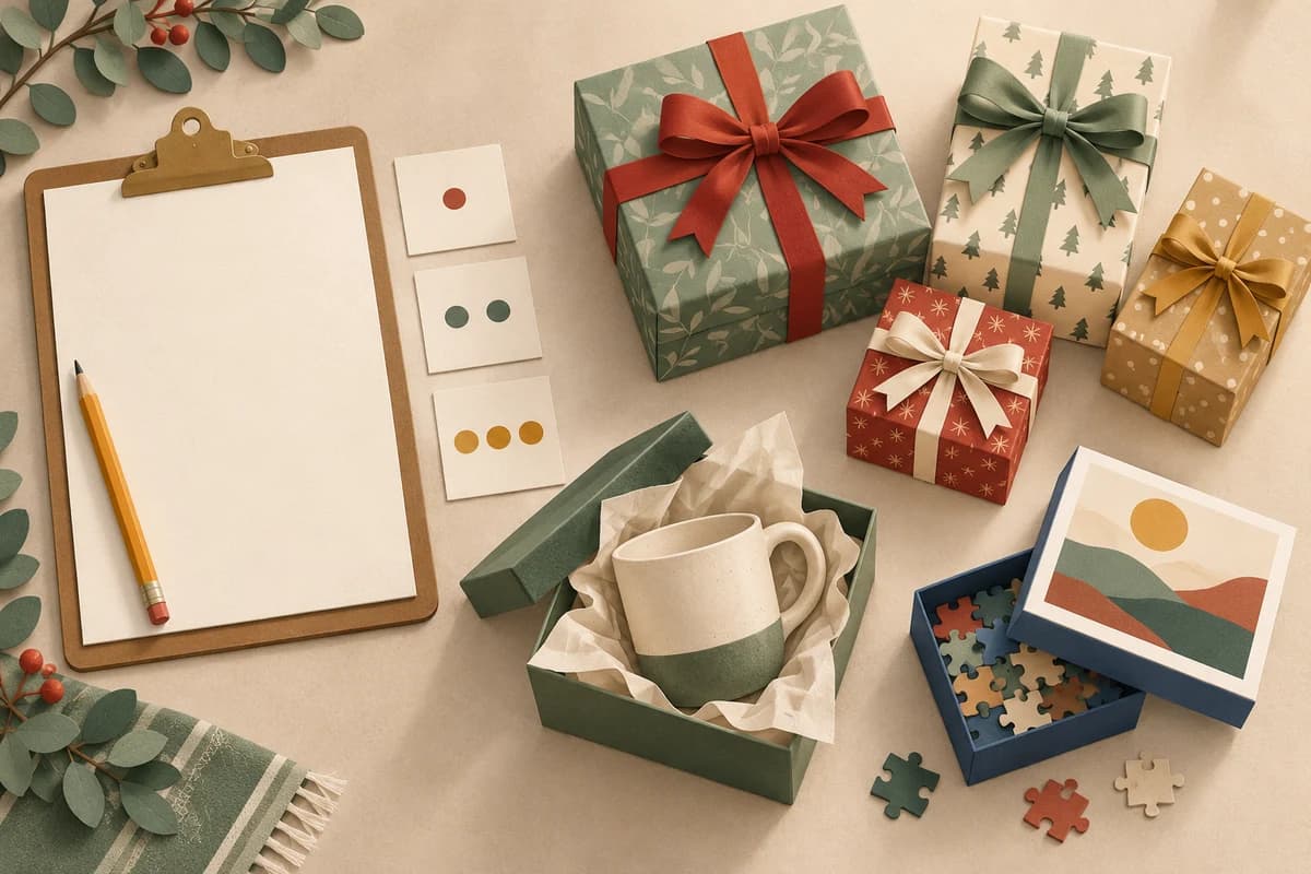 A host clipboard and three dot-marked turn slips sit apart from wrapped gifts, with an opened mug and puzzle showing example gifts.