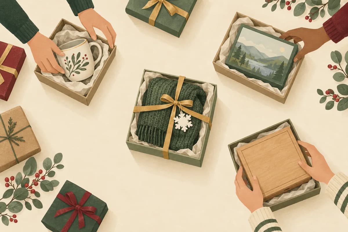 An opened knitted scarf with a paper snowflake tag on its ribbon sits alone in the middle of the table while hands take a mug, a puzzle and a wooden box from other opened gifts.