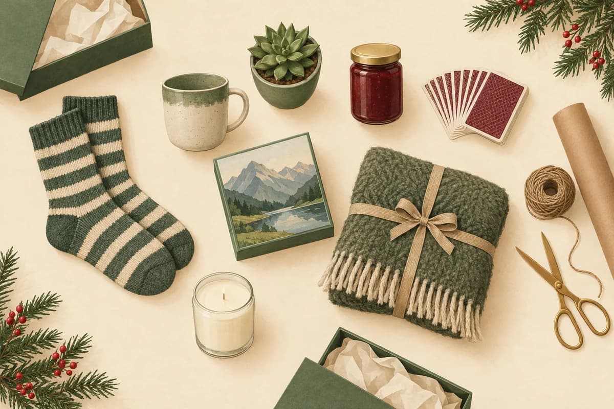 Wool socks, a mug, a small plant, a jar of jam and other everyday gifts are laid out on a table beside open gift boxes and wrapping paper.