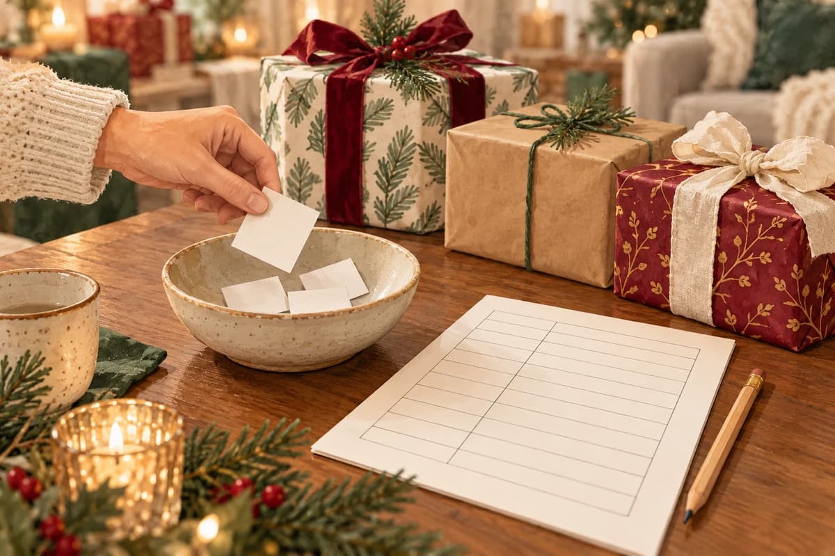 A hand draws a blank turn slip beside wrapped gifts and a separate ruled gift-tracker sheet on the host's desk.