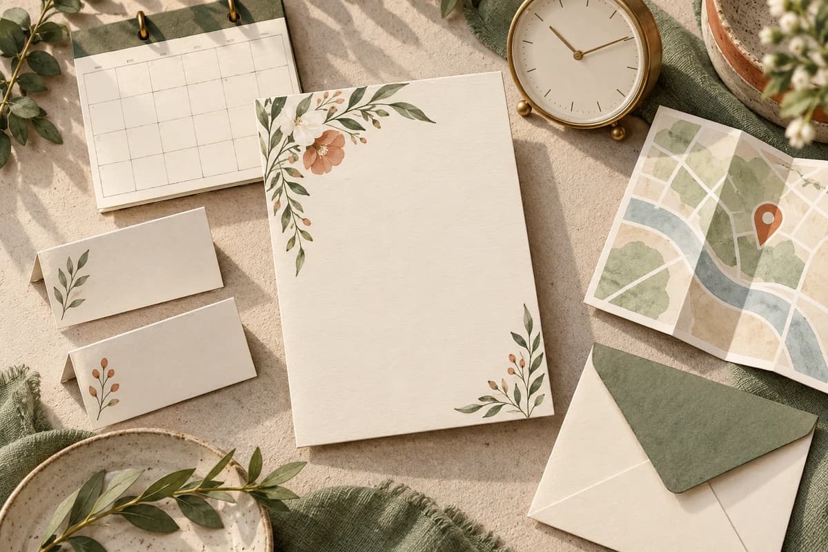 A blank invitation is surrounded by a calendar, clock, location map, guest place cards and a reply envelope.