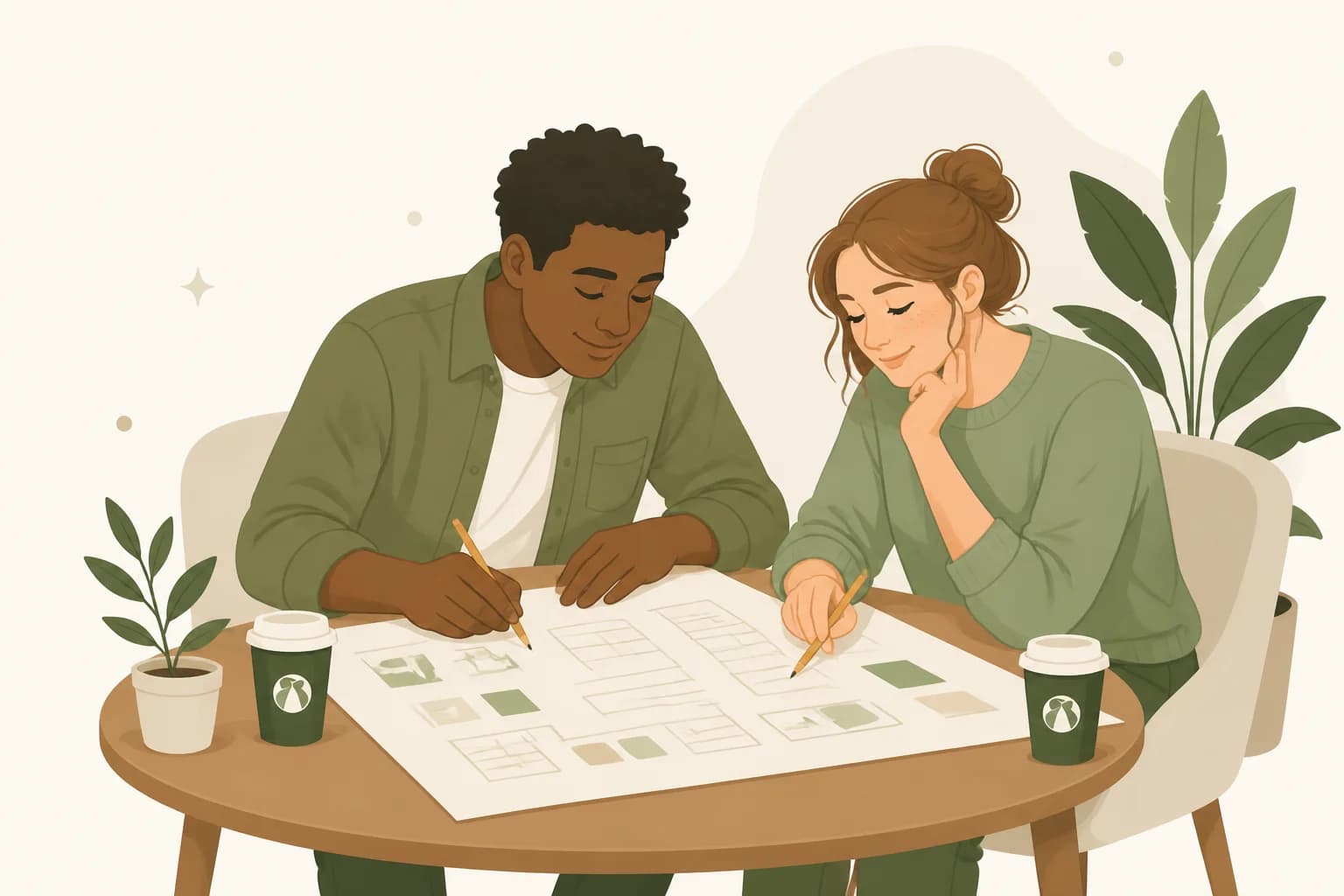A Black man and a white woman leaning over one table of party plans together, each holding a pen