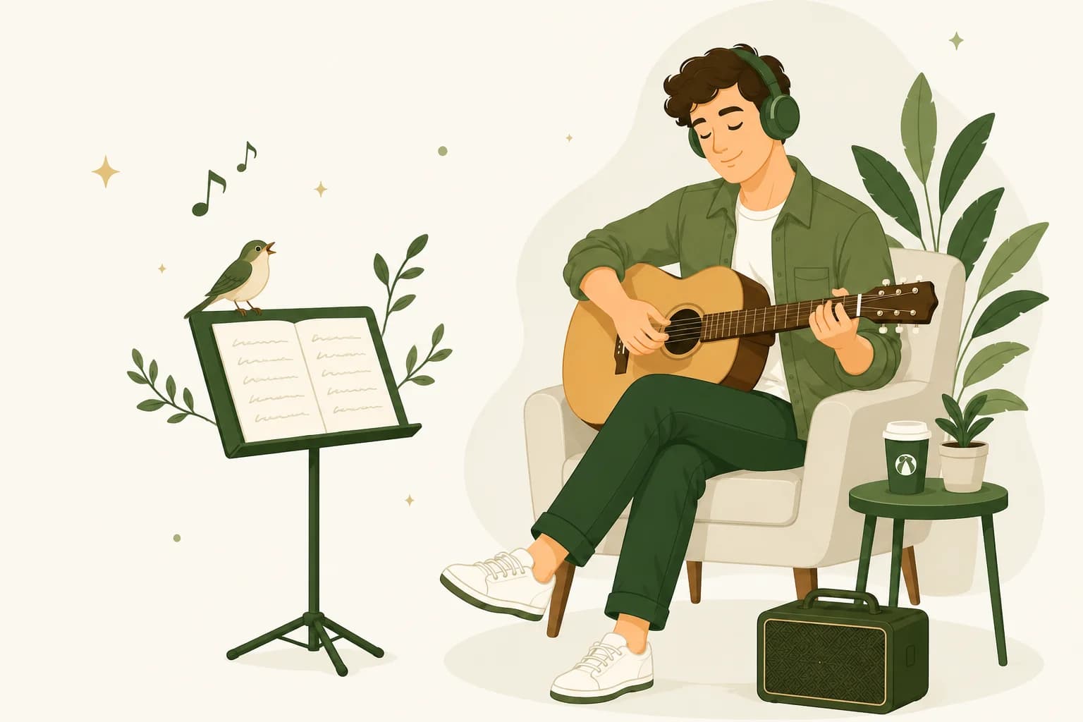 A man with an acoustic guitar and handwritten sheet music, a small bird perched on the music stand beside him