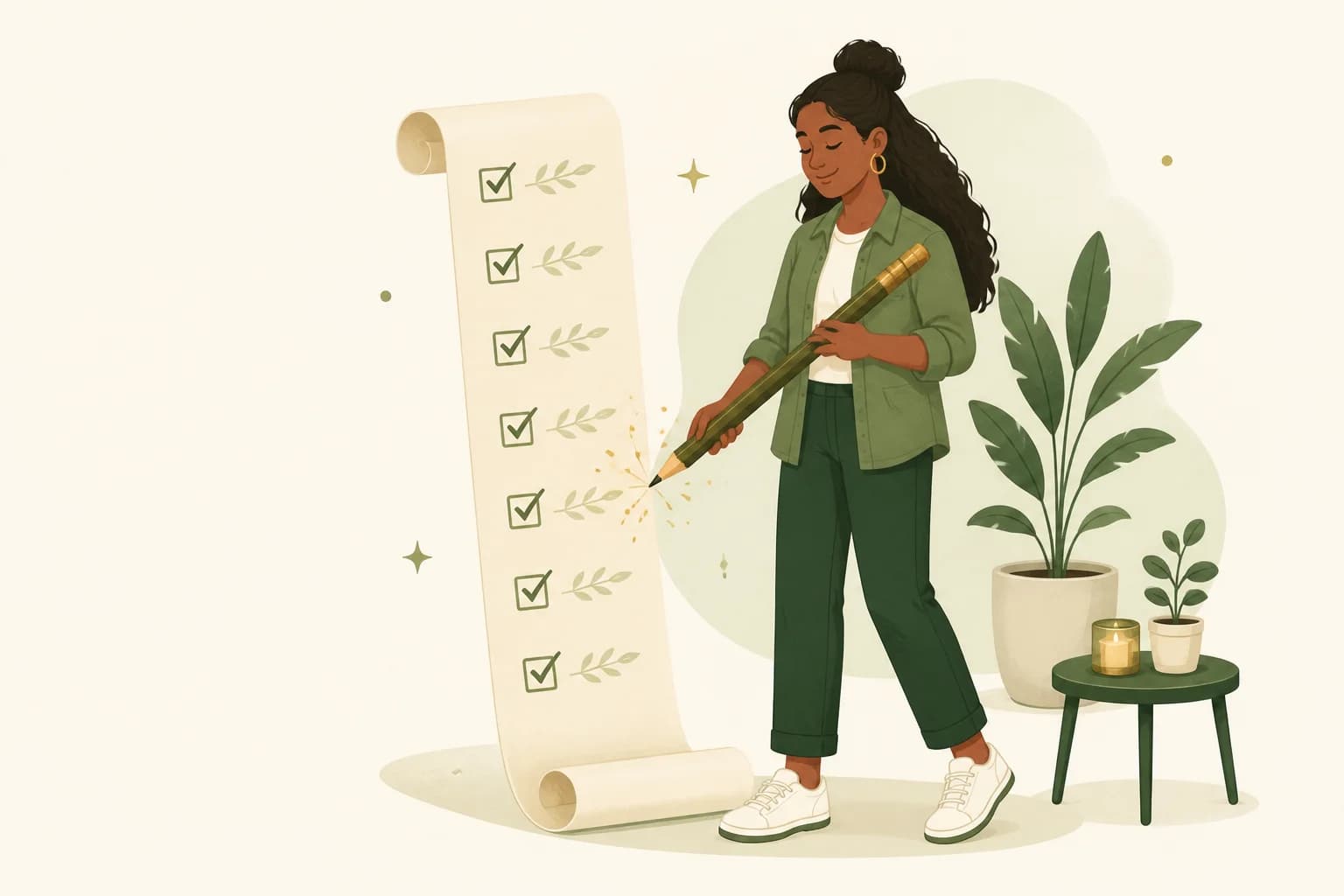 A woman with a pencil ticking a tall, elegant checklist that unrolls like a scroll, confetti where the ticks land