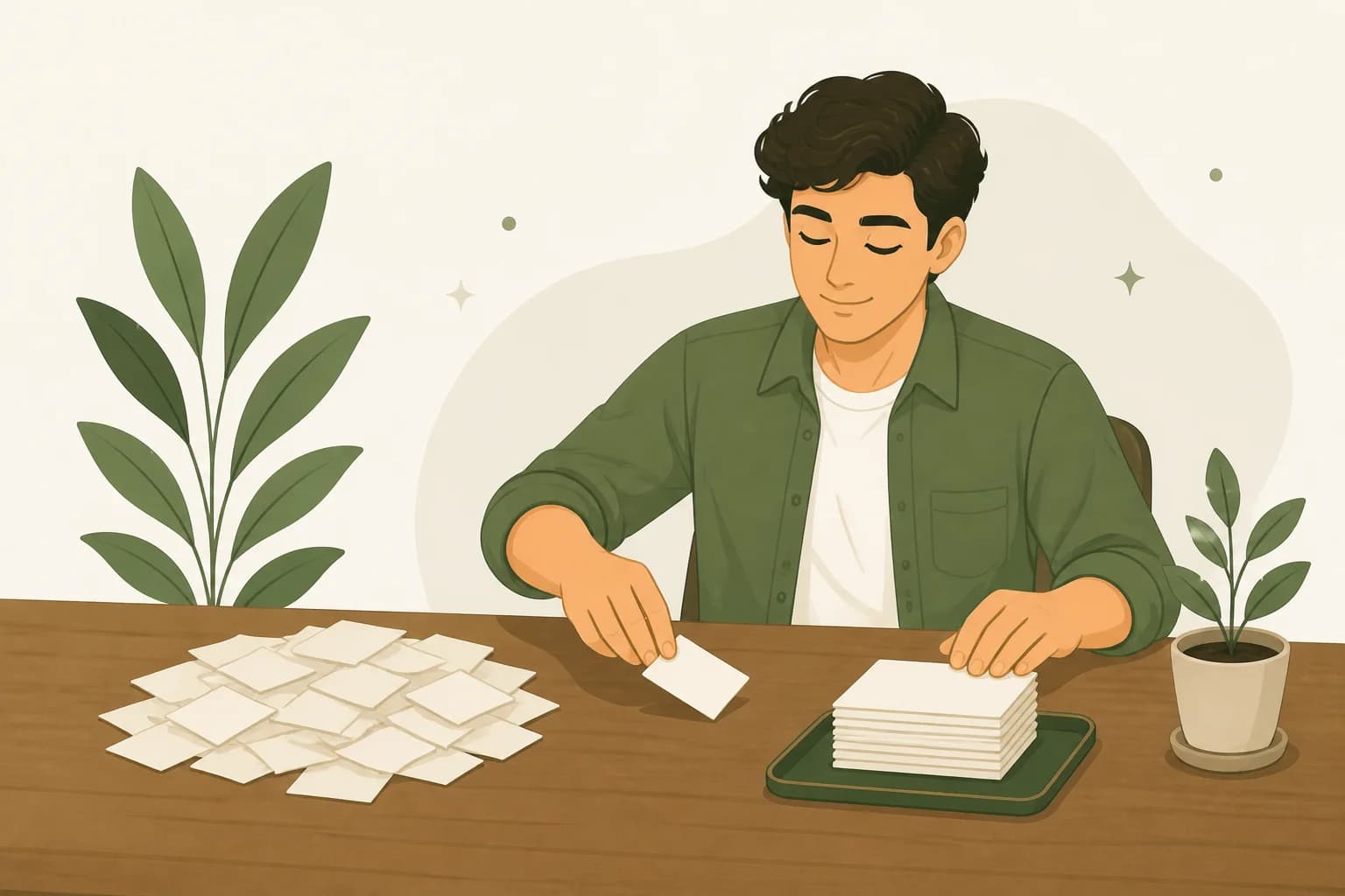 A South Asian man at a warm wooden desk, turning a handwritten paper list into neat rows of guest cards in the afternoon light