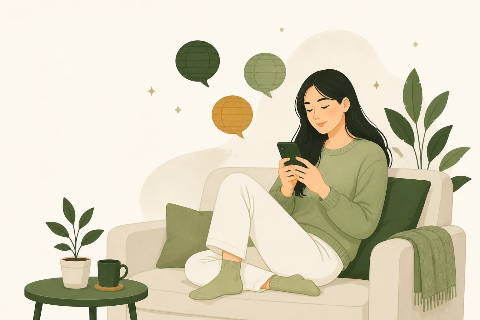 An East Asian woman on a sofa texting her guests, speech bubbles drifting up like little paper notes