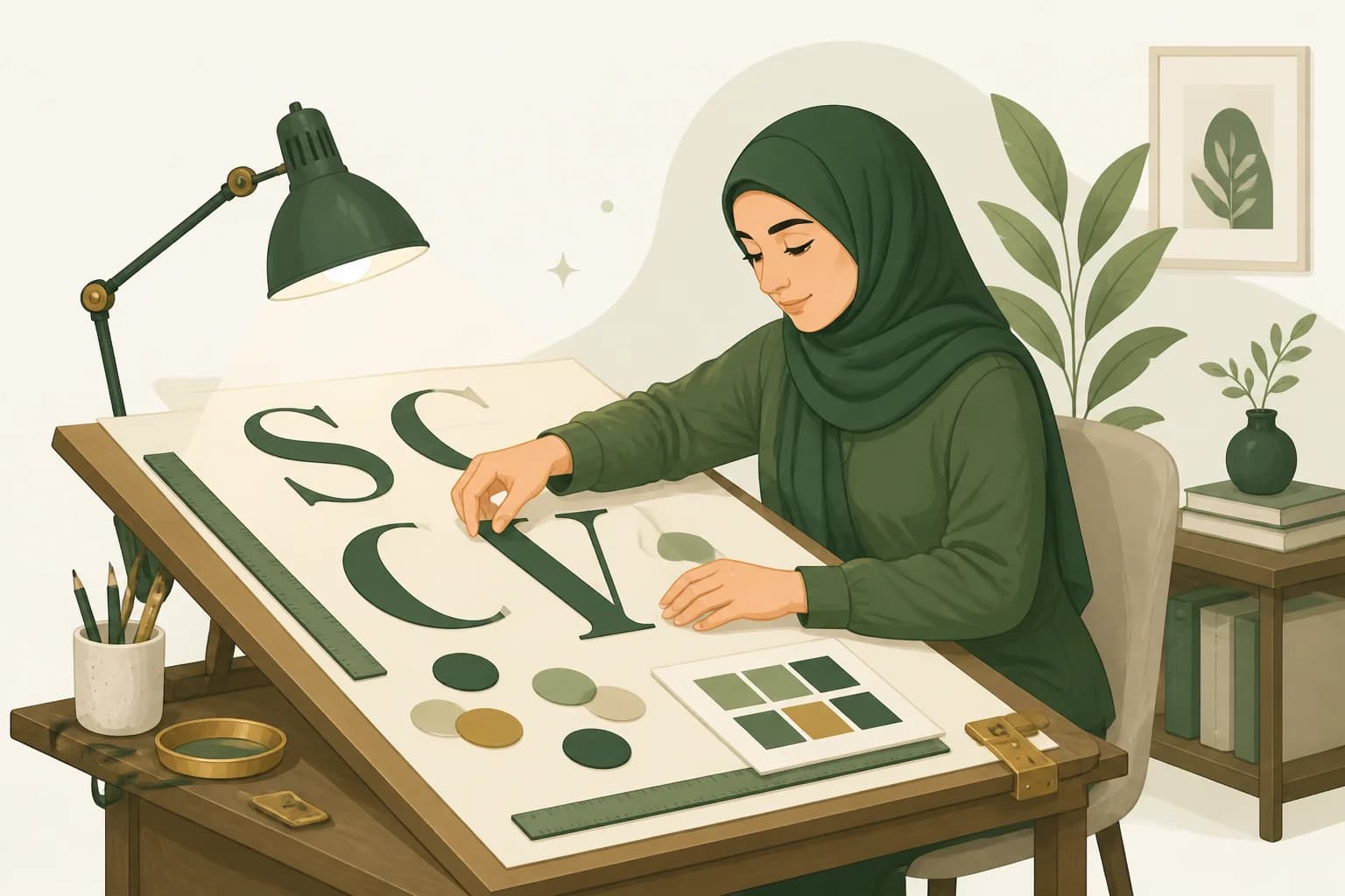 A woman at a drafting table arranging oversized serif letters and paper color chips by hand