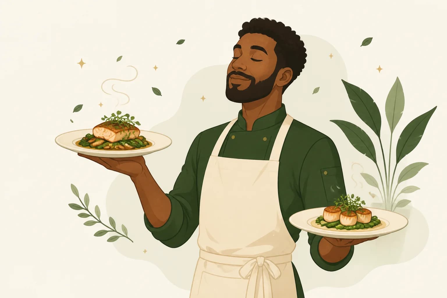 A chef in an apron presenting two beautifully plated dishes, tally marks drifting around them like garnish sketches