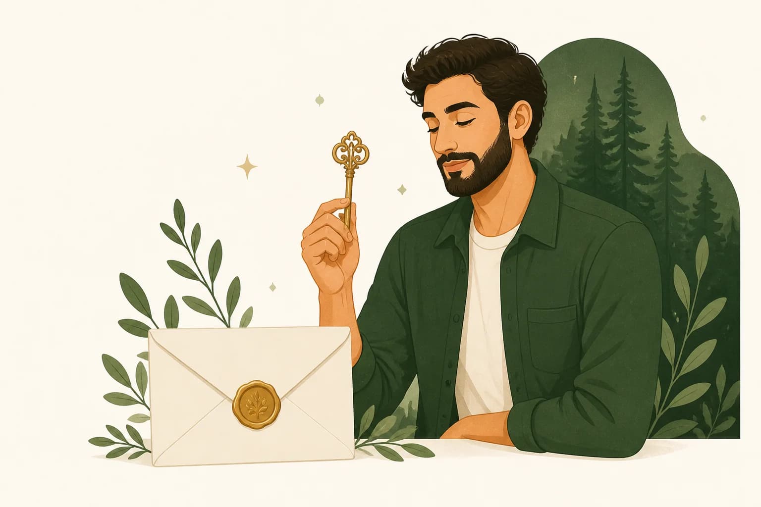 A Middle Eastern man holding an ornate brass key beside a wax-sealed envelope