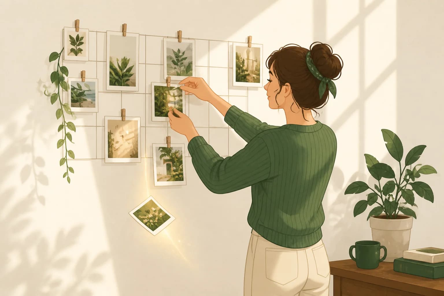 A woman pinning printed photographs onto a sunlit wall grid, one photo mid-fall turning into light