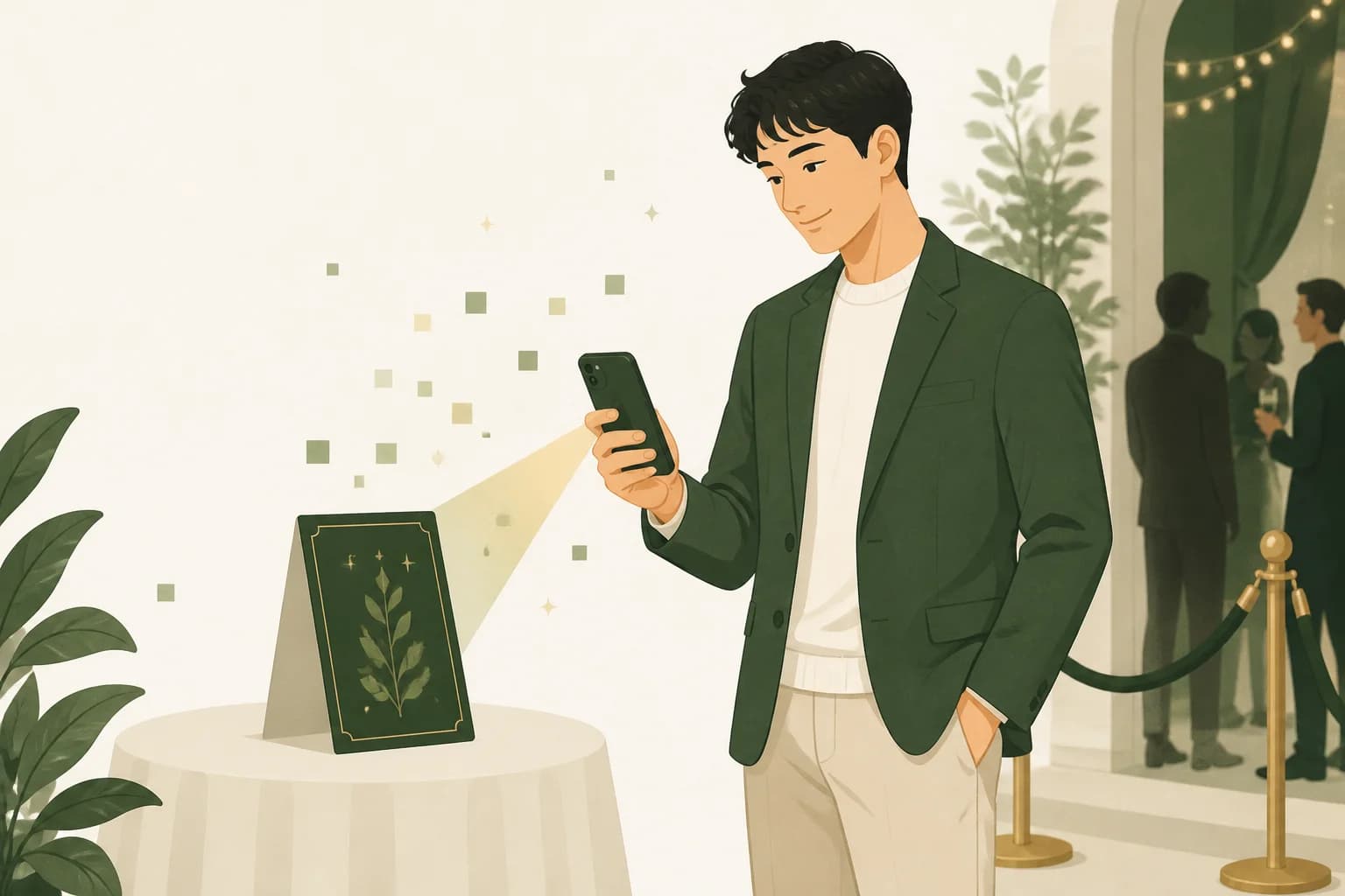A guest holding up a phone with a personal QR door pass at a party entrance as a host greets them
