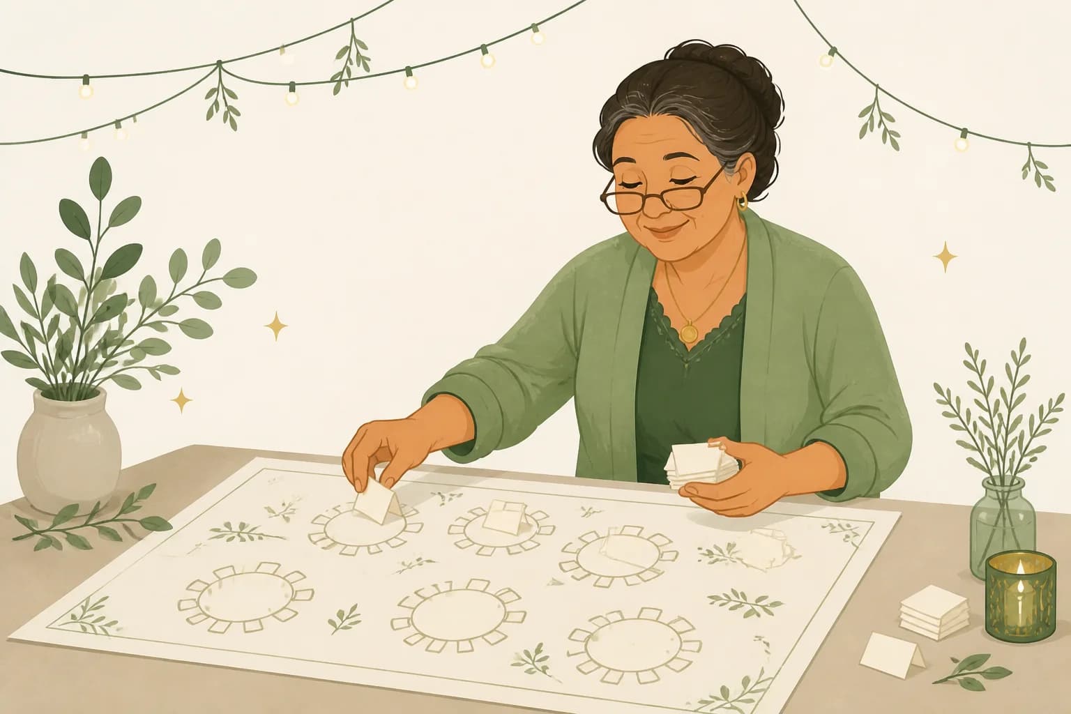 A grandmother in reading glasses placing tiny handwritten name cards onto a hand-drawn map of round tables