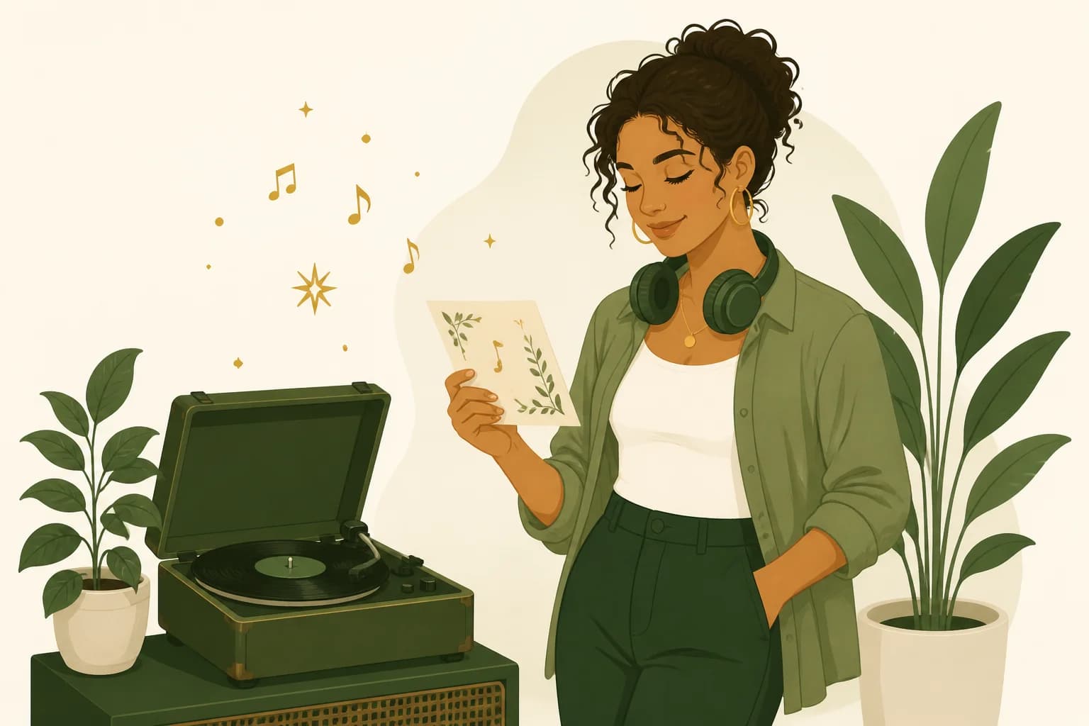 A host with headphones around her neck reviewing a party playlist beside a record player