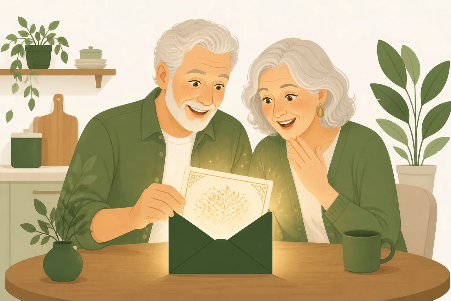 A sealed envelope being opened, a card rising out of it into the light