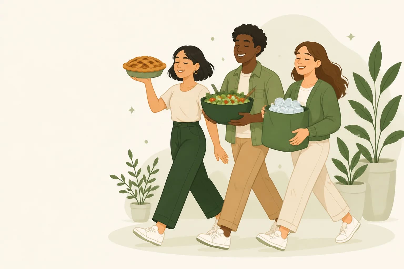 A warm, mixed group of friends arriving at a party with dishes held high — a pie, a big salad bowl, a bag of ice