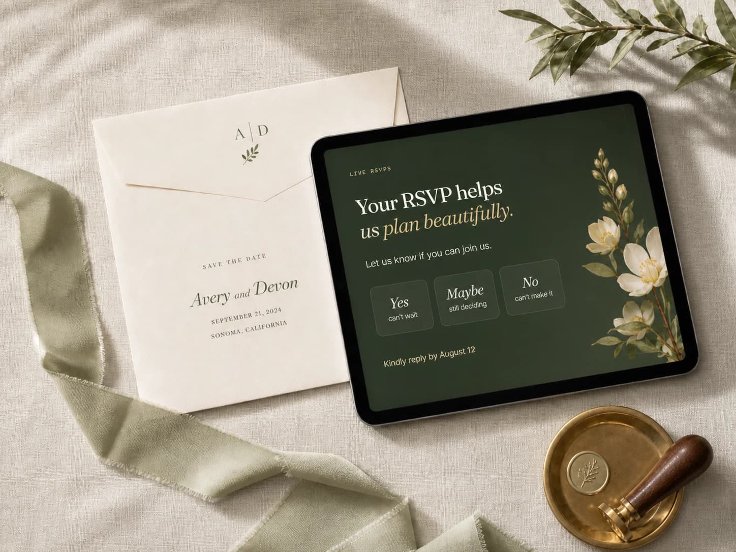 An InviteBird save-the-date beside a tablet showing guests replying yes, maybe and no in real time