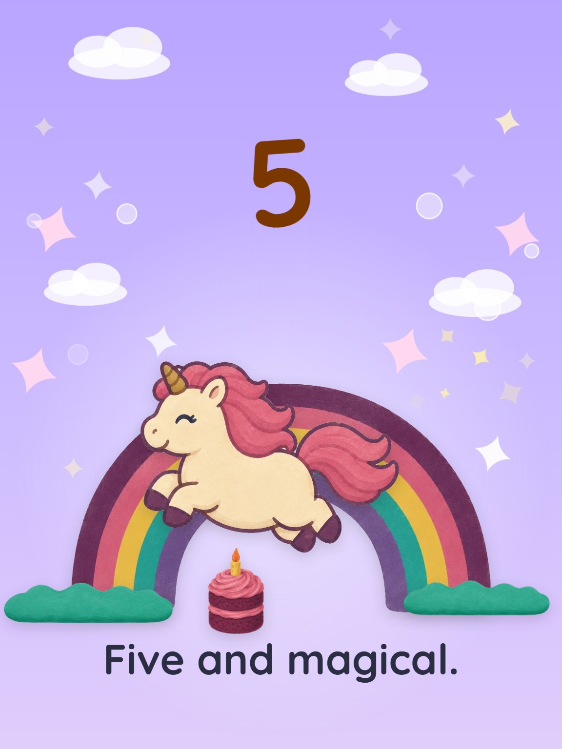 Unicorn Five Kids Birthday Card