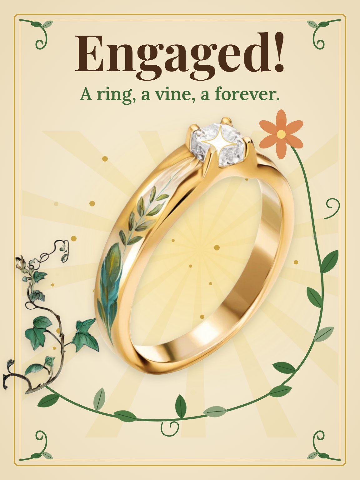 Vine and Gold Band Engagement Card