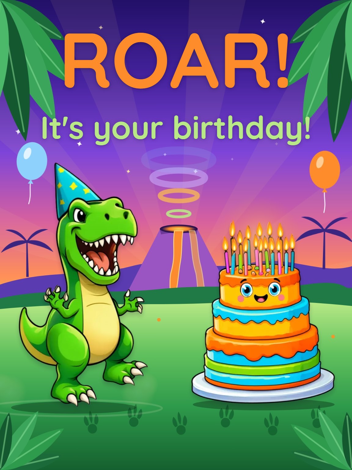 Dino Cake Stomp Kids Birthday Card
