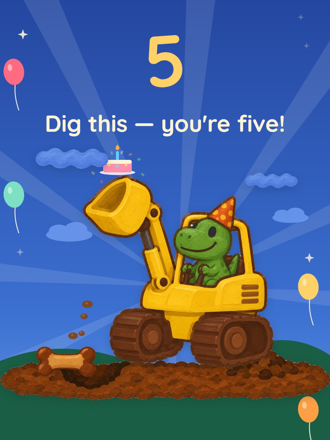 Dino Digger Five Kids Birthday Card