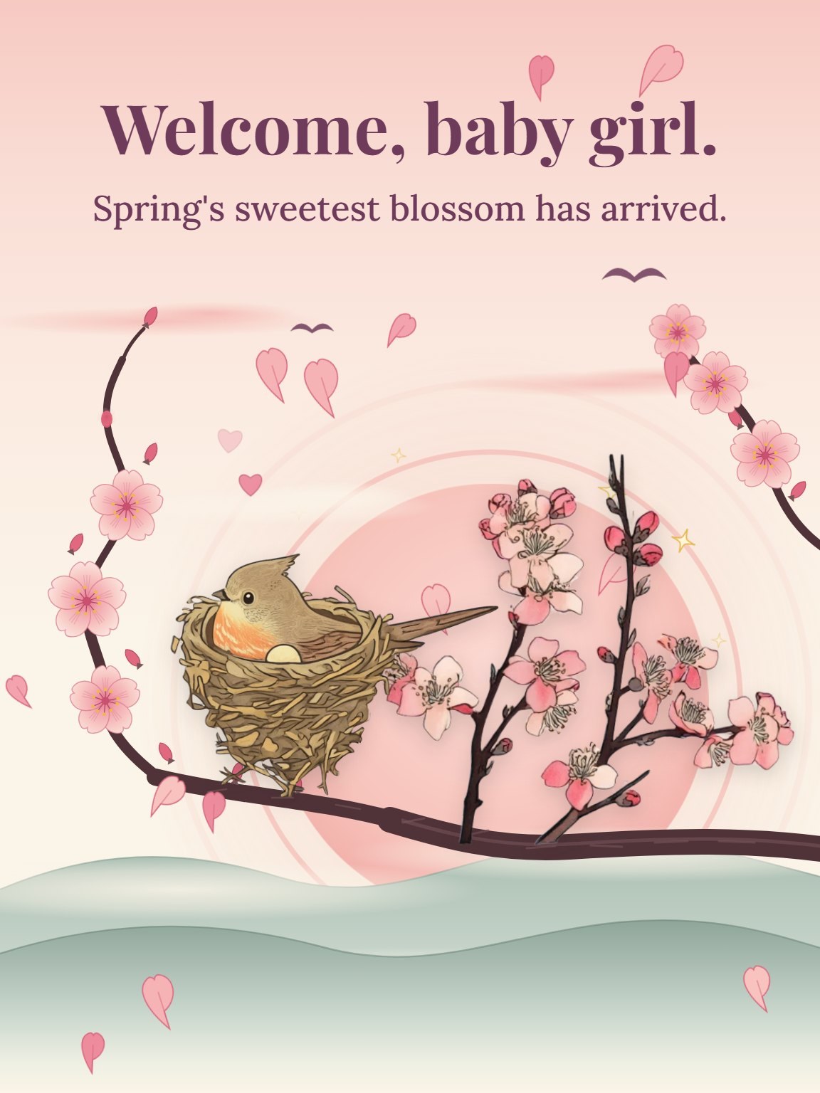 Peach Blossom New Baby Girl Card