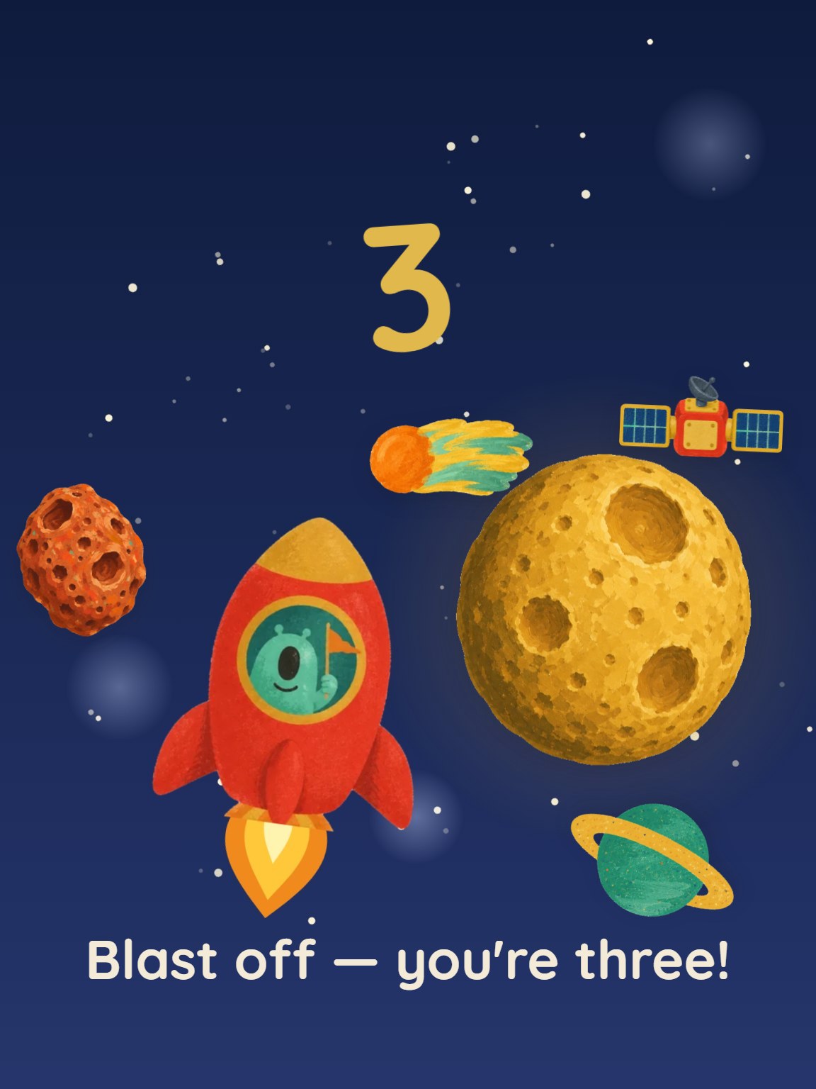 Blast Off Three Kids Birthday Card