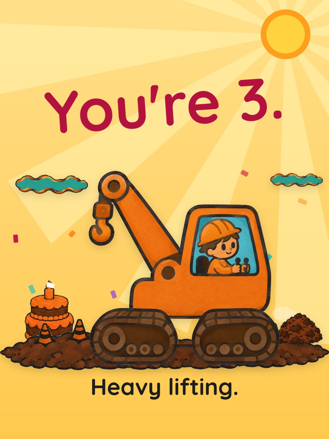 Digger Three Kids Birthday Card