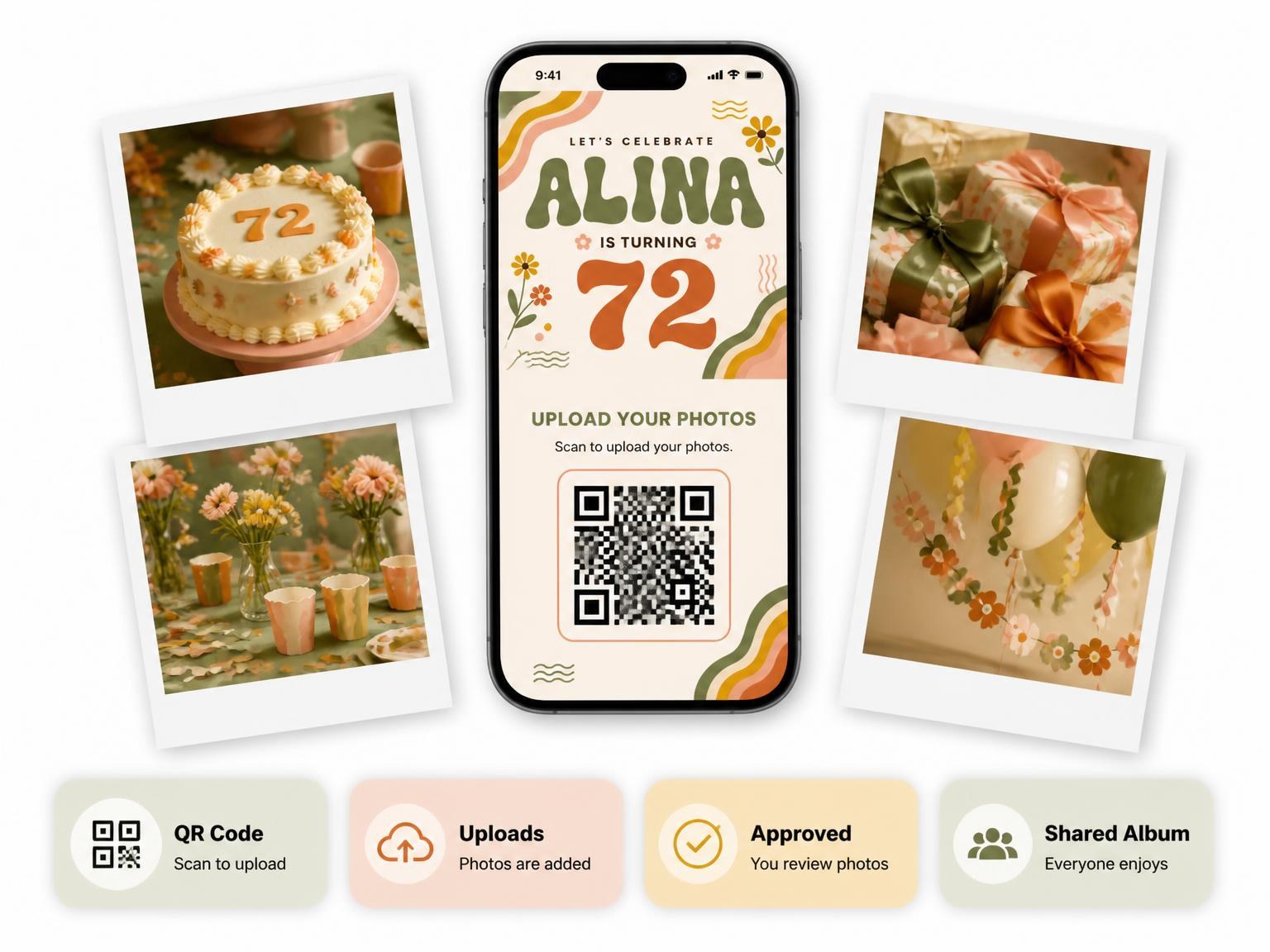 The shared photo gallery that comes with the Groovy Retro 72nd Birthday Invitation invitation