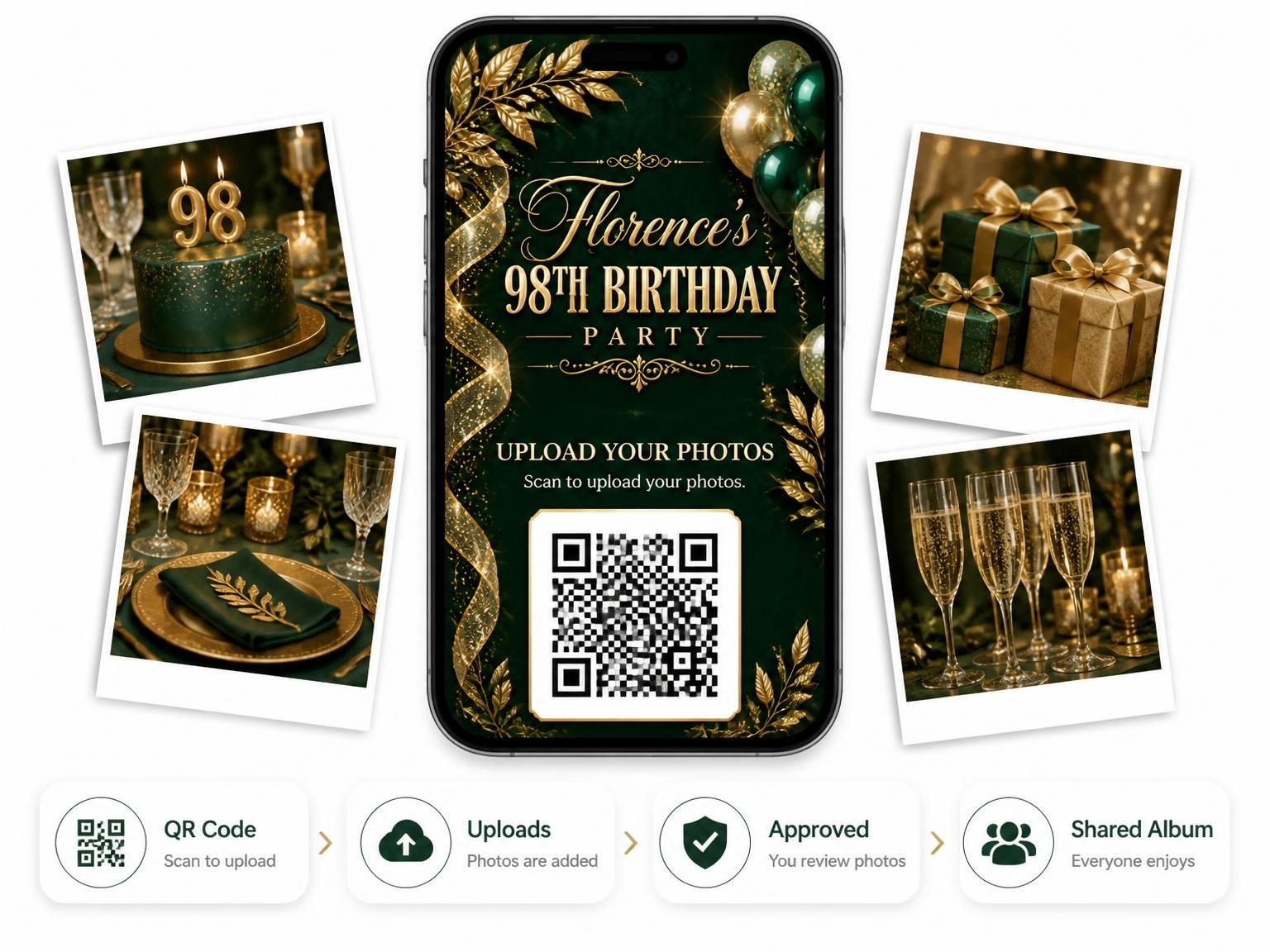 The shared photo gallery that comes with the Emerald and Champagne 98th Birthday Invitation invitation