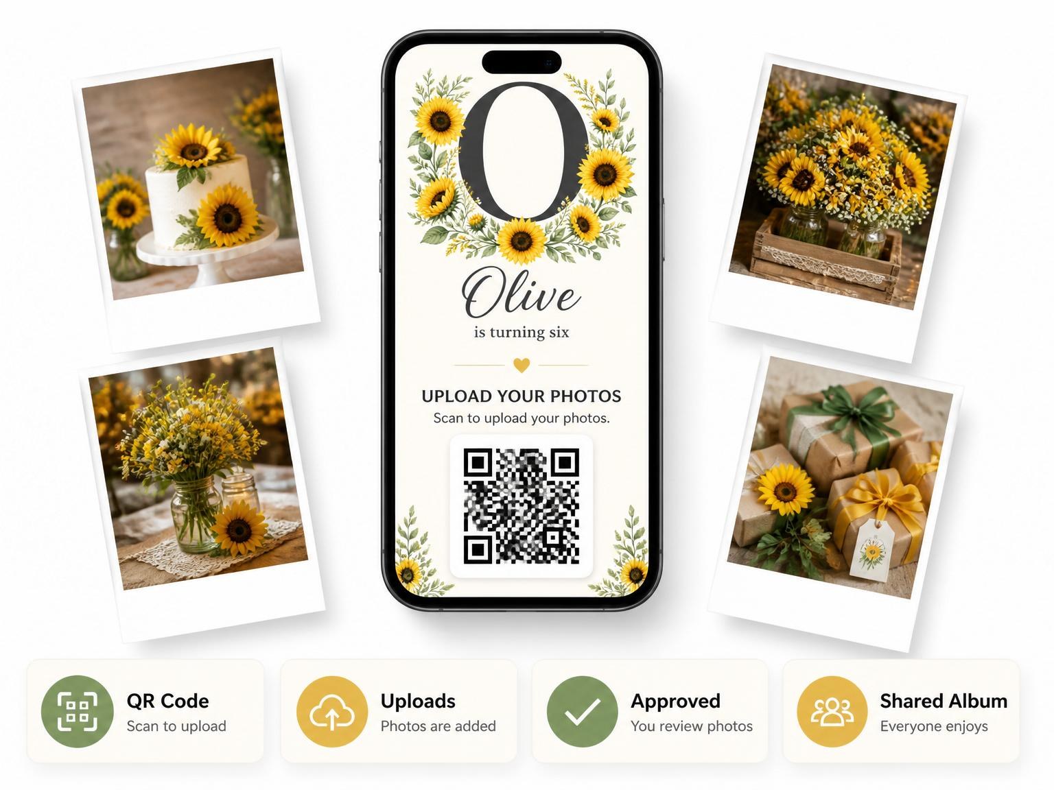 The shared photo gallery that comes with the Watercolor Sunflower Monogram 6th Birthday Invitation invitation