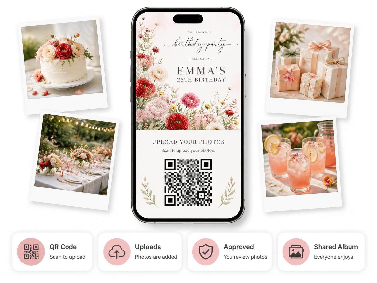 The shared photo gallery that comes with the Botanical Meadow Scarlet 25th Birthday Invitation invitation