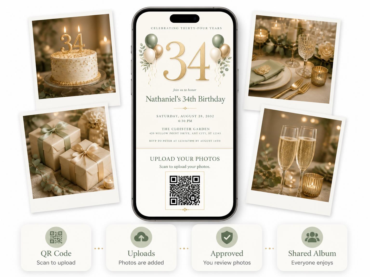 The shared photo gallery that comes with the Sage and Ivory 34th Birthday Invitation invitation