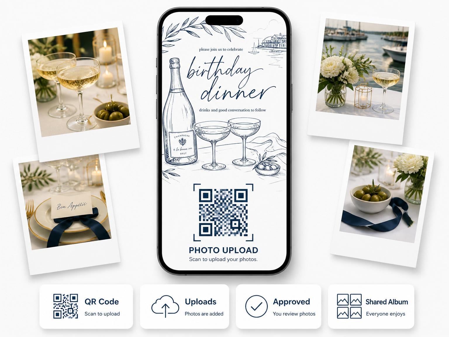 The shared photo gallery that comes with the Navy Ink Champagne Coastal 33rd Birthday invitation